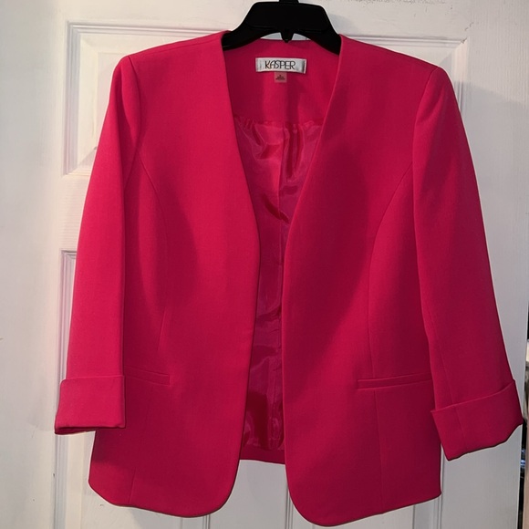 Kasper Hot Pink Stretch Crepe Open Front Roll Sleeve Lined Jacket - Picture 4 of 14